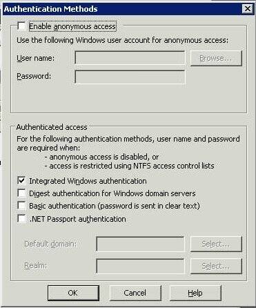 Disable anonymous access and select Integrated Authentication